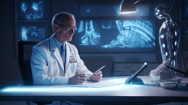 A doctor sitting at his desk with clipboard and computer, medical stock images