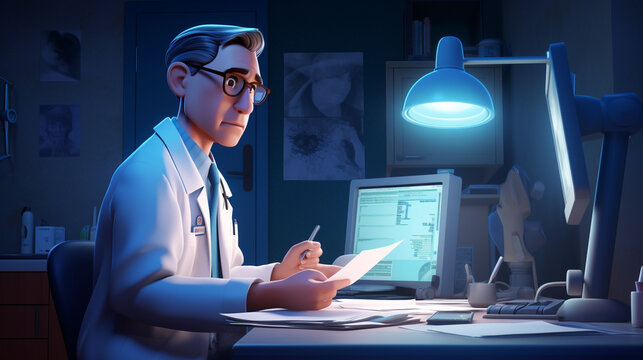 A doctor sitting at his desk with clipboard and computer, medical stock images