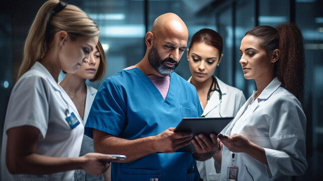 A healthcare team holding a tablet while a nurse and another nurse is looking at it, medical stock images