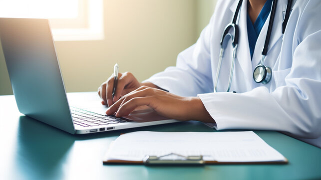 A male doctor writing on a sheet of paper working on her laptop, medical stock images