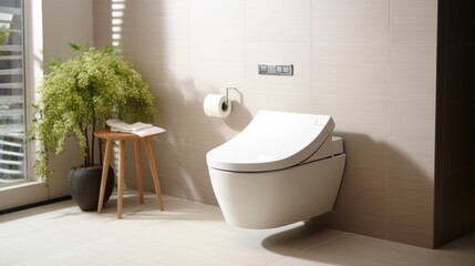 Naklejka na ściany i meble Modern, luxury wall hung toilet bowl, closed seat with dual flush, reeded glass partition, bidet, tissue paper holder, white bathtub on granite tile floor in sunlight on beige wall back. Generative AI