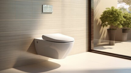 Modern, luxury wall hung toilet bowl, closed seat with dual flush, reeded glass partition, bidet, tissue paper holder, white bathtub on granite tile floor in sunlight on beige wall back. Generative AI