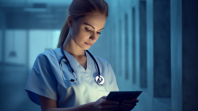 Woman nurse in scrubs holding tablet with a heartbeat, medical stock images