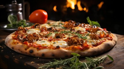 Obraz na płótnie Canvas Hot tasty traditional italian pizza with salami, cheese, tomatoes greens on a dark background Generative AI