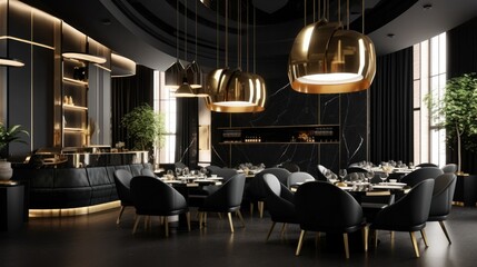 Luxury restaurant interior with modern black design. Generative AI