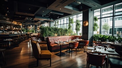 Fototapeta na wymiar Luxury restaurant interior with lots of space. Generative AI
