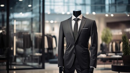 Fototapeta na wymiar Luxury business black men's suit on a mannequin in a minimalist style, like a studio photo with a luxury mall background. Generative AI