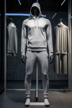 Modern cotton men's trico tracksuit in grey colors on a mannequin in a minimalist style, like a studio photo with a gym background Generative  AI