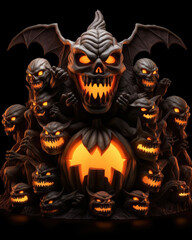 Vampire bats flocking around a creepy jackolantern carved to resemble a snarling skull.. Halloween art