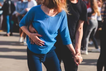 Stickers pour porte École de danse Couples dancing traditional latin argentinian dance milonga outdoor in the city streets, tango salsa bachata kizomba lesson, outdoors dance school class festival in a summer sunny day