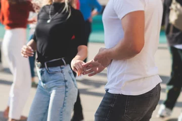 Stickers pour porte École de danse Couples dancing traditional latin argentinian dance milonga outdoor in the city streets, tango salsa bachata kizomba lesson, outdoors dance school class festival in a summer sunny day