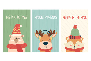 Fototapeta na wymiar A set of Christmas posters, cards with animal characters