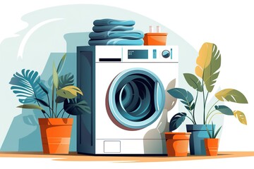 illustration of a washing machine and home plants in the laundry room, on a white background - obrazy, fototapety, plakaty