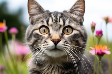 close-up portrait of a gray tabby cat among flowers on a blurred background