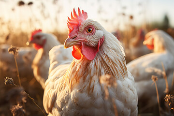 closeup portrait of a white chicken on a farm at sunset