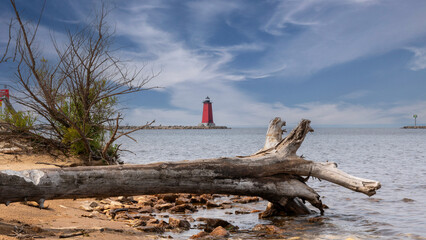 View of the lighthouses on Lake Michigan.