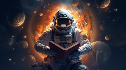 Astronaut reading a book in space, Generative AI	