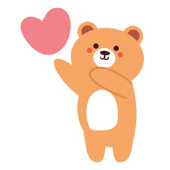 hand drawing cartoon bear with pink heart. cute animal doodle
