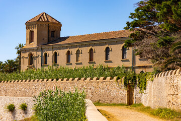 Seafront view of Abbaye de Lerins monastery with Saint Marie Holy Mary church on Saint Honorat...