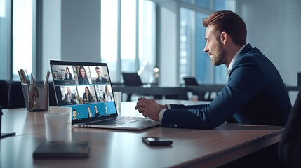 Virtual Meeting Video Conference. Team working by group video call share ideas brainstorming negotiating use video conference, pc screen view multi ethnic young people.