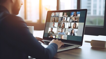 Virtual Meeting Video Conference. Team working by group video call share ideas brainstorming negotiating use video conference, pc screen view multi ethnic young people. - obrazy, fototapety, plakaty