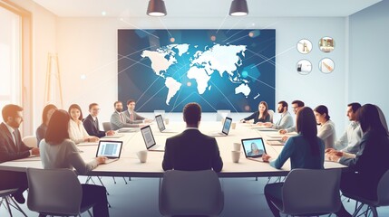 Virtual Meeting Video Conference. Team working by group video call share ideas brainstorming negotiating use video conference, pc screen view multi ethnic young people.