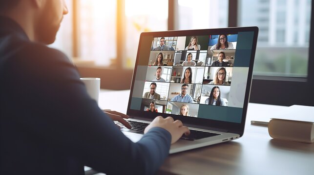 Virtual Meeting Video Conference. Team working by group video call share ideas brainstorming negotiating use video conference, pc screen view multi ethnic young people.