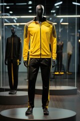 Modern men's tracksuit in yellow and blackcolors on a mannequin in a minimalist style, with a gym background. Generative AI
