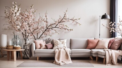 Stylish scandinavian living room with vase and blooming cherry plum tree branches. Springtime home decor. Elegant interior with comfy sofa, cushions and blanket