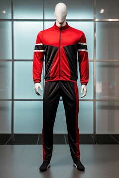 Modern men's tracksuit in red and black on a mannequin in a minimalist style, with a gym background. Generative AI