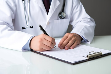 Doctor writing medical examination in medical clinic. 
