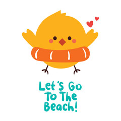 hand drawing cartoon chick wearing lifebuoy. cute summer card
