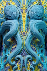 A captivating sculpture of a blue and yellow octopus entwines its tentacles in a mesmerizing display of art and motif