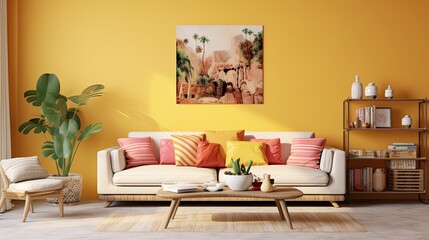 A cozy den featuring a luxurious sofa adorned with cushions and armrests, a loveseat surrounded by pillows, and a vibrant vase on a coffee table in front of a stunning wall-mounted painting, creates 