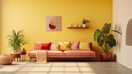 A cozy room filled with a plush loveseat, adorned with colorful cushions and a vibrant houseplant, illuminated by a captivating painting on the wall, creates a perfect haven of comfort and beauty