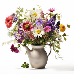 A bouquet of wild flowers in a vase on a white background, AI generator