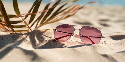 Pink sunglasses on the sandy beach with palm branch shadow. Creative summer vacation concept. Copy space. Clear hot sand with palm leaves and glasses.