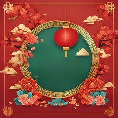 Chinese style frame elements, lantern, flowers, clouds, trees, leaves, golden pattern
