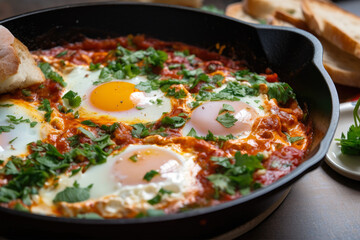Shakshuka sizzling in a skillet with crusty bread on the side, captured in a close-up.