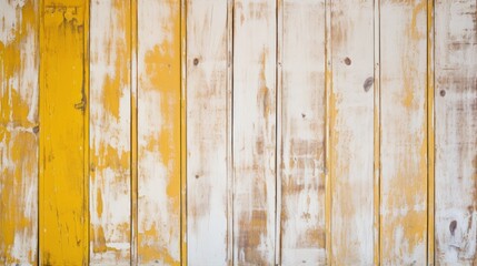 Texture of vintage wood boards with cracked paint of white and yellow colors. Horizontal retro background with wooden planks of different colors. Generative AI
