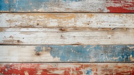 Texture of vintage wood boards with cracked paint of white, red, and blue color. Horizontal retro background with wooden planks of different colors. Generative AI