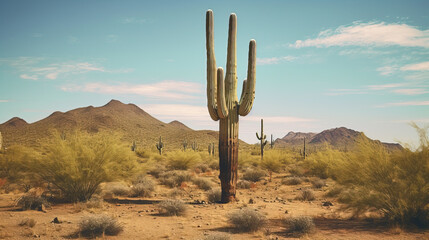 A majestic desert landscape with a towering cactus and breathtaking mountains in the background