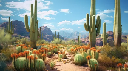 Poster Im Rahmen A stunning desert landscape with majestic mountains and vibrant cacti © Nedrofly