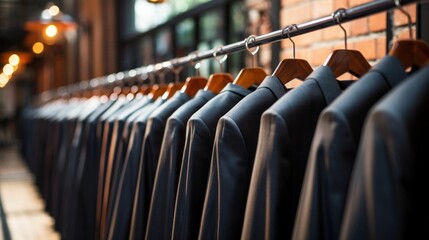 Row of men suit jackets on hangers Geneartive AI