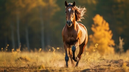 Running brown beautiful horse Warmblood at morning field, banner Generative AI
