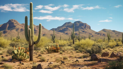 A desert landscape with a majestic cactus and breathtaking mountain backdrop