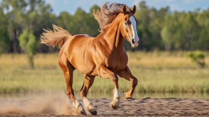 Obraz na płótnie Canvas Running brown beautiful horse Warmblood at morning field, banner Generative AI