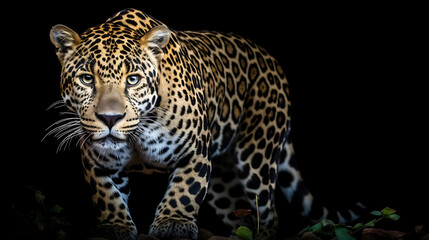 Fototapeta na wymiar Leopard close-up on a black background. Ai Generative