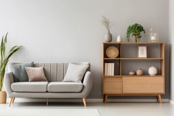 Simple, gray sofa standing next to a white cupboard in living room interior with decorations on wooden shelves. Generative AI
