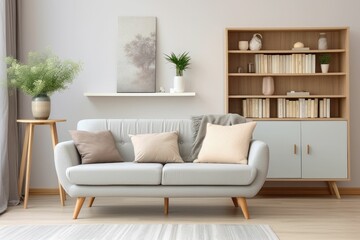 Simple, gray sofa standing next to a white cupboard in living room interior with decorations on wooden shelves. Generative AI